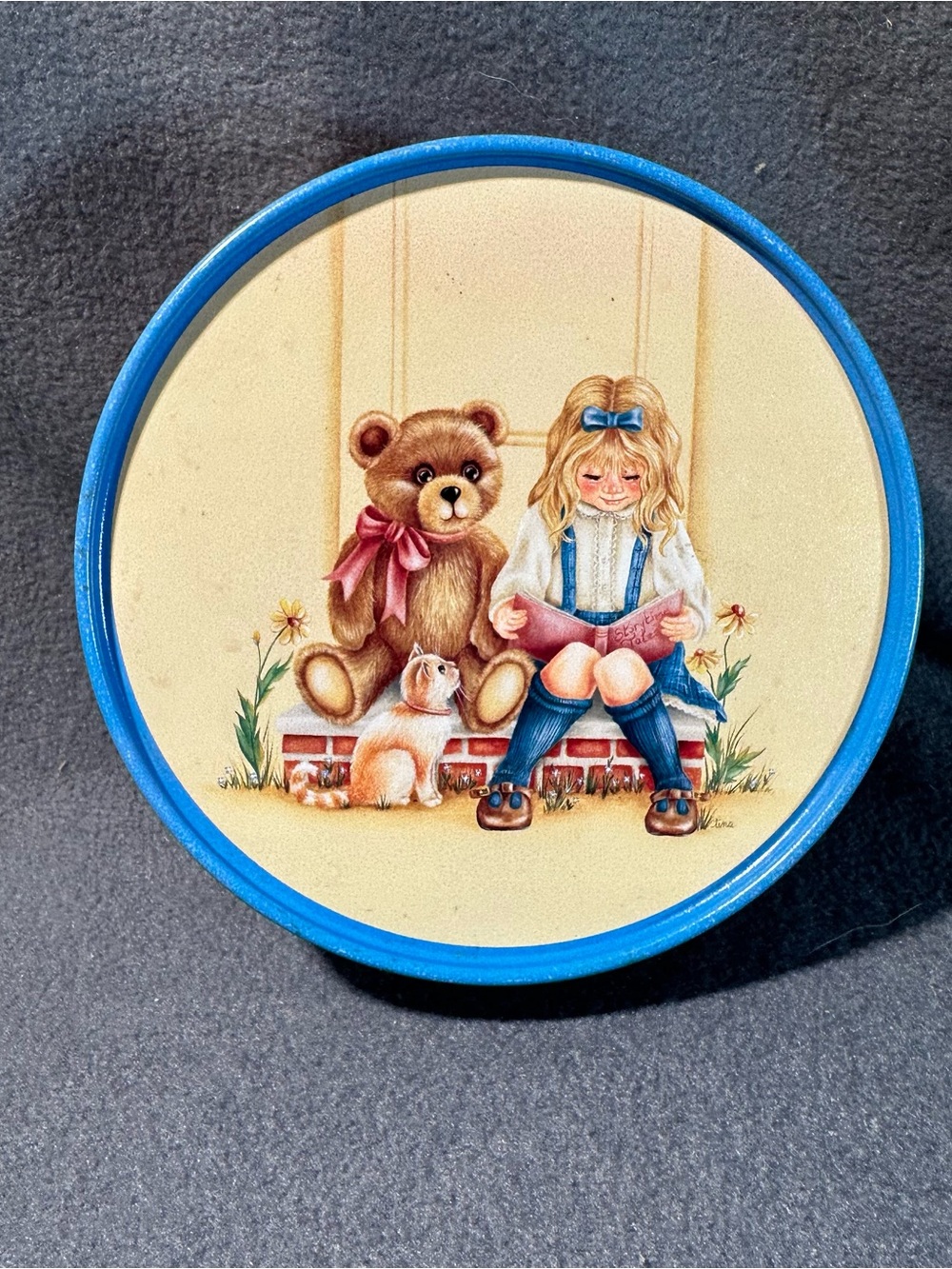 Vintage Illustrated Round Tin with Teddy and Girl Motif - Blue Trim